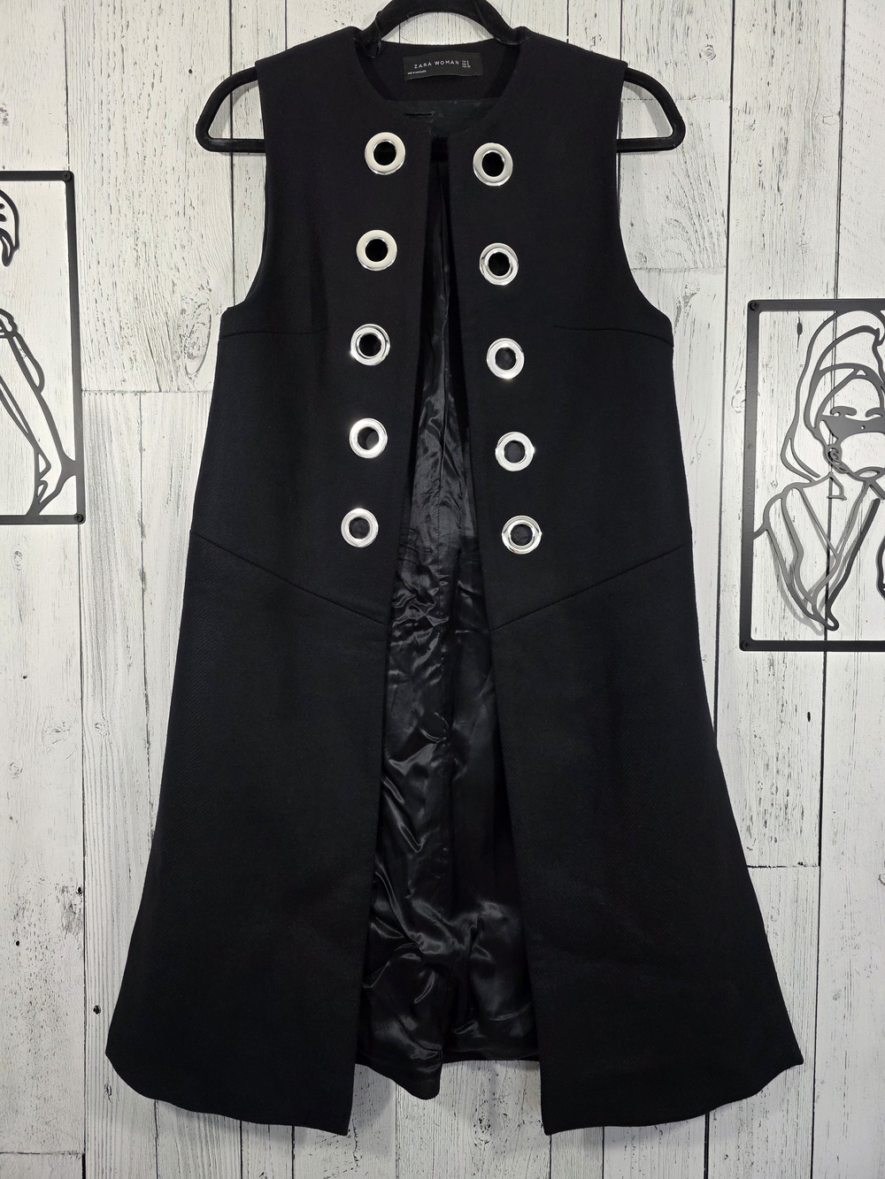 Zara Woman Black Wool Blend Grommet Longline Vest Size Small